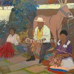 Weavers with Donkey in Courtyard