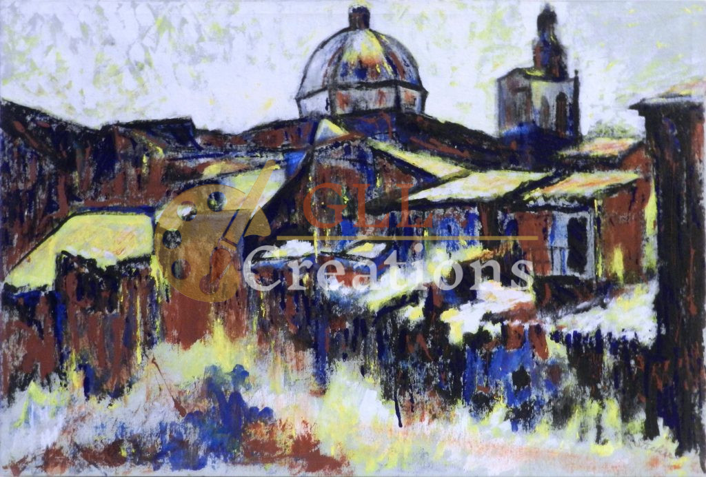 Abstract Cityscape with Domed Church and Tower