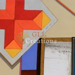 Geometric Composition with Red Cross and Text
