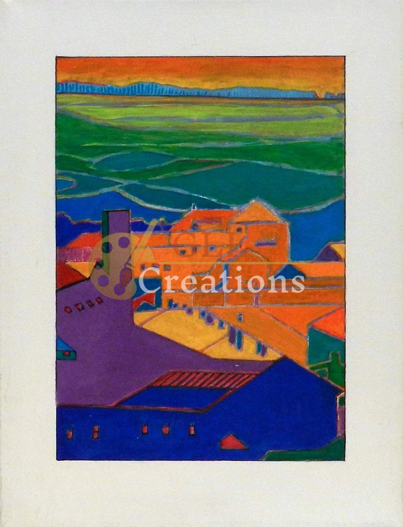 Vibrant Townscape with Distant Fields and Orange Sky
